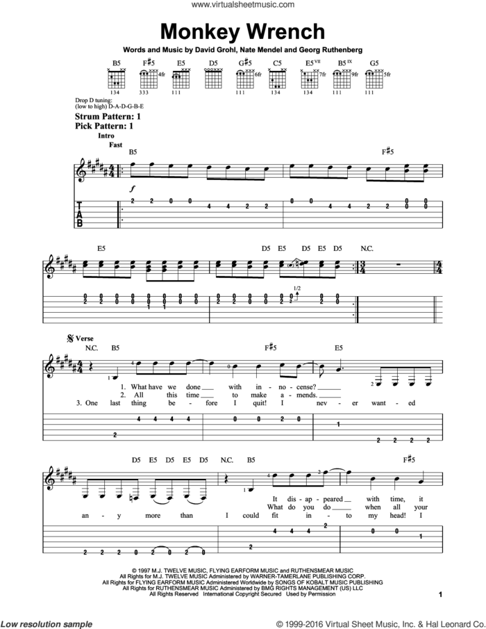 Monkey Wrench sheet music for guitar solo (easy tablature) by Foo Fighters, Dave Grohl, Georg Ruthenberg and Nate Mendel, easy guitar (easy tablature)