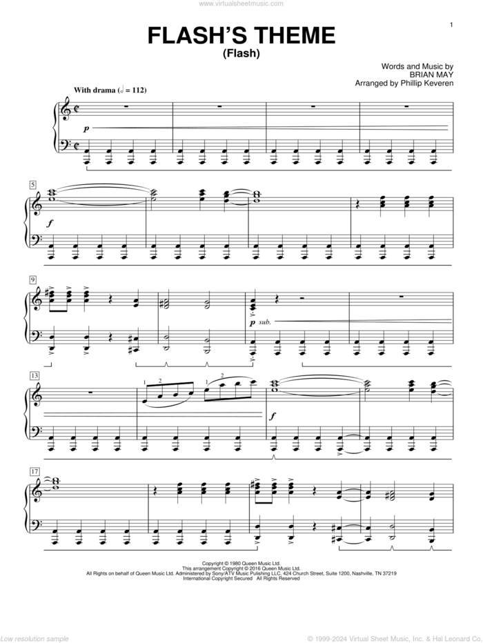 Flash's Theme (Flash) [Classical version] (arr. Phillip Keveren) sheet music for piano solo by Brian May, Phillip Keveren and Queen, intermediate skill level