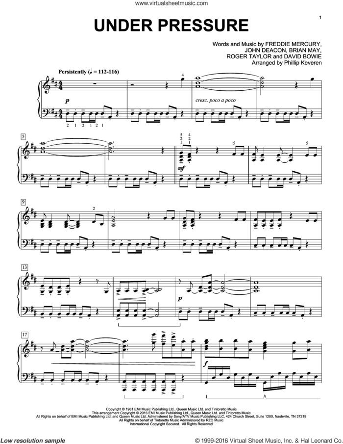 Under Pressure [Classical version] (arr. Phillip Keveren) sheet music for piano solo by Freddie Mercury, Phillip Keveren, David Bowie & Queen, Queen, Brian May, David Bowie, John Deacon and Roger Taylor, intermediate skill level