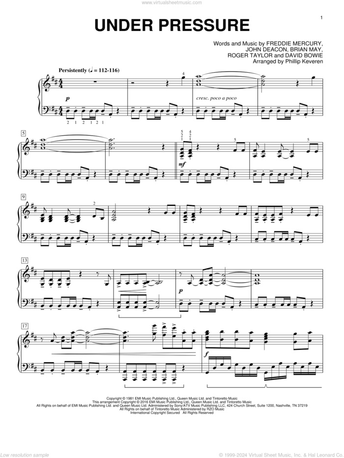 Under Pressure [Classical version] (arr. Phillip Keveren) sheet music for piano solo by Freddie Mercury, Phillip Keveren, David Bowie & Queen, Queen, Brian May, David Bowie, John Deacon and Roger Taylor, intermediate skill level