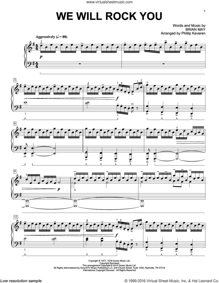 We Will Rock You [Classical version] (arr. Phillip Keveren) sheet music for piano solo by Phillip Keveren, Queen and Brian May, intermediate skill level