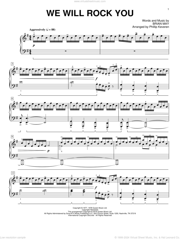 We Will Rock You [Classical version] (arr. Phillip Keveren) sheet music for piano solo by Brian May, Phillip Keveren and Queen, intermediate skill level