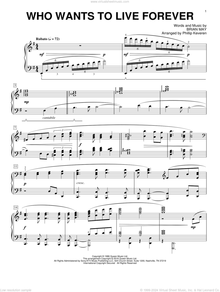 Who Wants To Live Forever [Classical version] (arr. Phillip Keveren) sheet music for piano solo by Brian May, Phillip Keveren and Queen, intermediate skill level