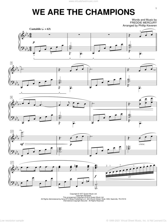 We Are The Champions [Classical version] (arr. Phillip Keveren) sheet music for piano solo by Freddie Mercury, Phillip Keveren and Queen, intermediate skill level
