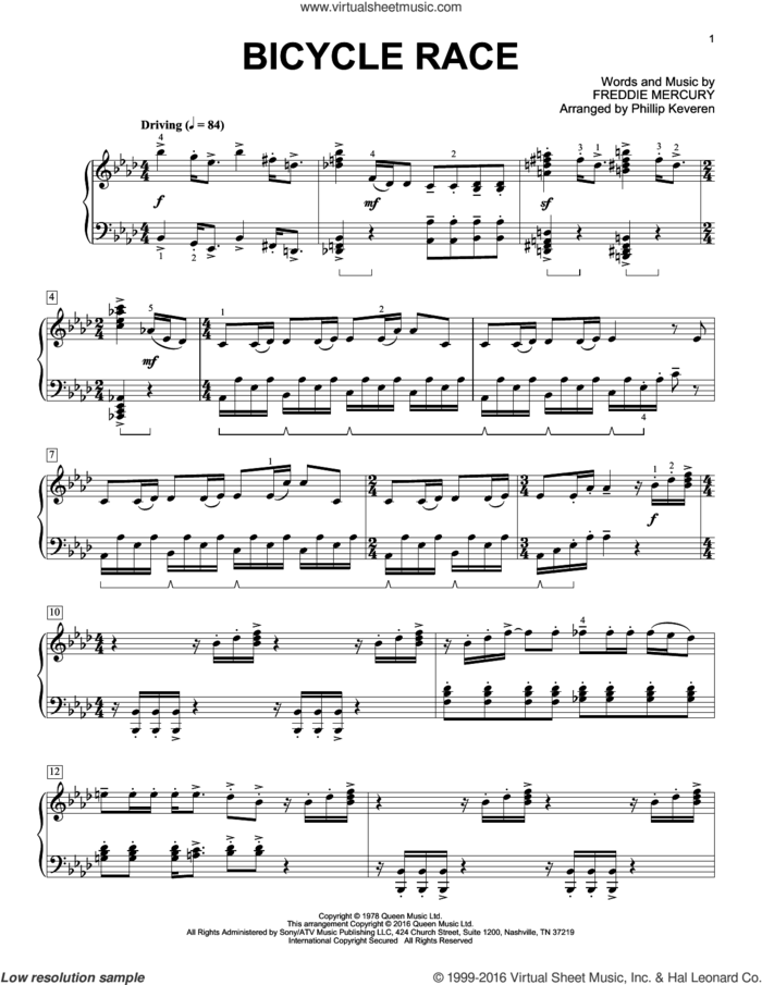 Bicycle Race [Classical version] (arr. Phillip Keveren) sheet music for piano solo by Freddie Mercury, Phillip Keveren and Queen, intermediate skill level