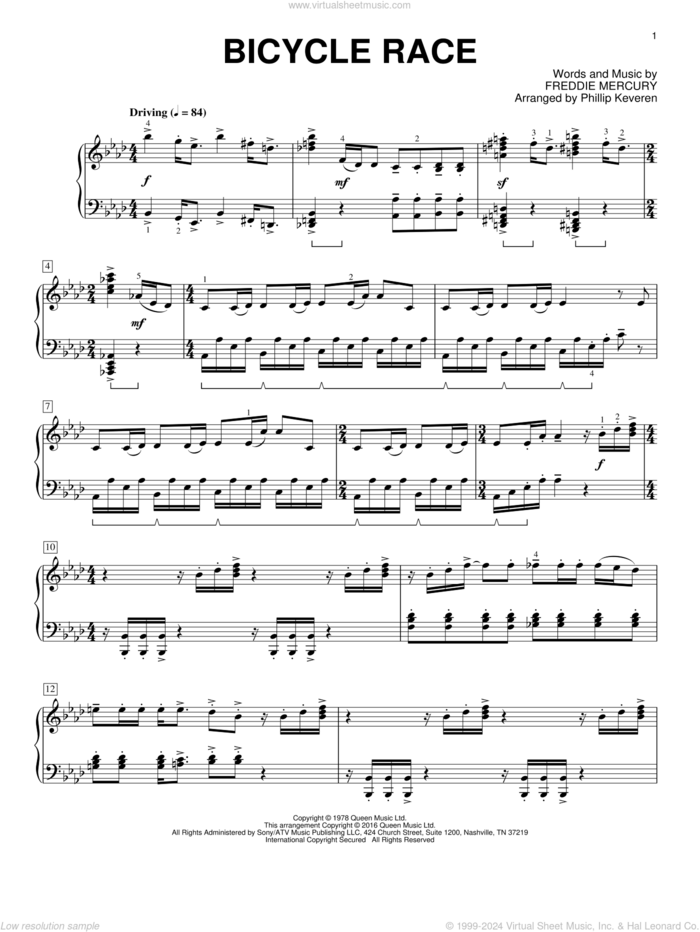 Bicycle Race [Classical version] (arr. Phillip Keveren) sheet music for piano solo by Freddie Mercury, Phillip Keveren and Queen, intermediate skill level