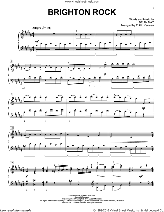 Brighton Rock [Classical version] (arr. Phillip Keveren) sheet music for piano solo by Phillip Keveren, Queen and Brian May, intermediate skill level