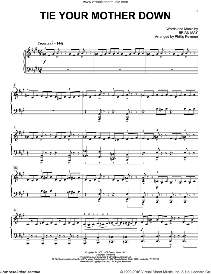 Tie Your Mother Down [Classical version] (arr. Phillip Keveren) sheet music for piano solo by Phillip Keveren, Queen and Brian May, intermediate skill level