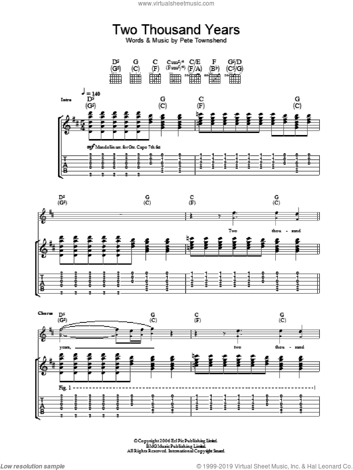 Two Thousand Years sheet music for guitar (tablature) by The Who and Pete Townshend, intermediate skill level