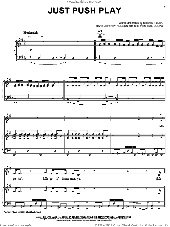 Just Push Play sheet music for voice, piano or guitar by Aerosmith, Mark Jeffrey Hudson, Stephen Emil Dudas and Steven Tyler, intermediate skill level