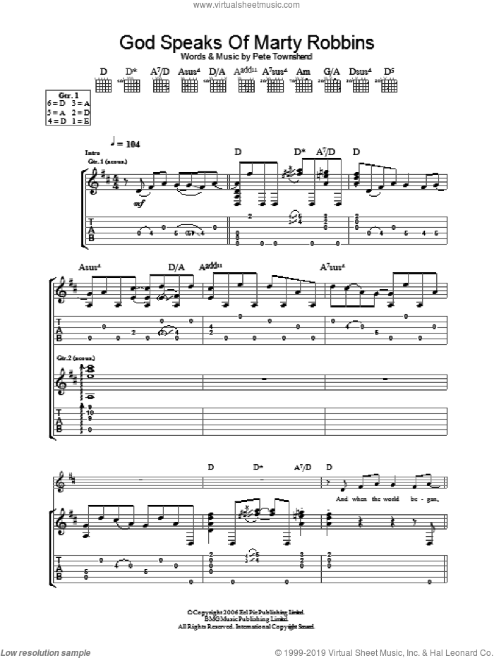 God Speaks Of Marty Robbins sheet music for guitar (tablature) by The Who and Pete Townshend, intermediate skill level