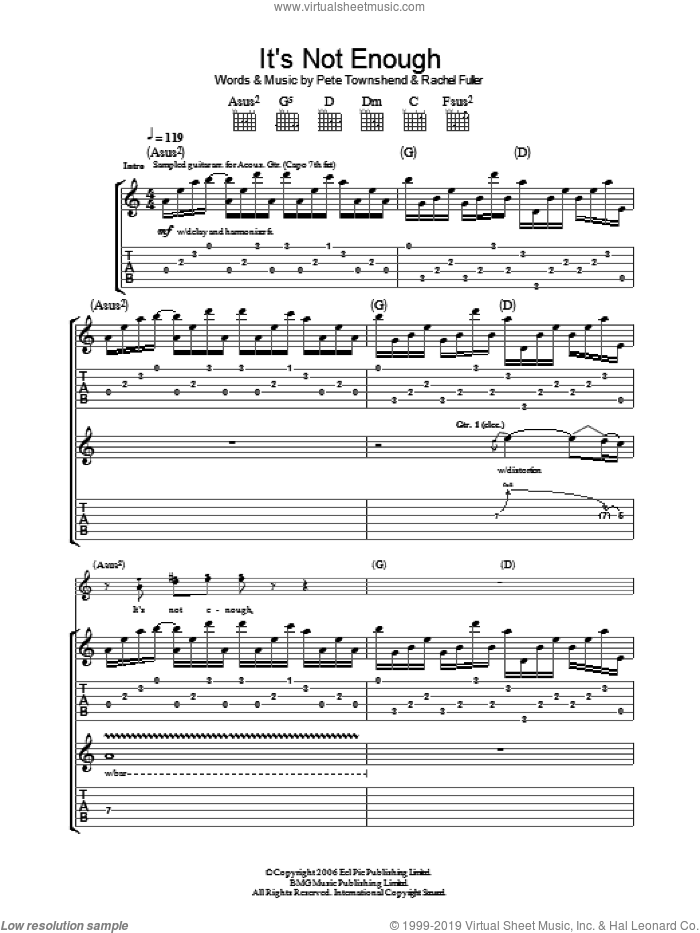 It's Not Enough sheet music for guitar (tablature) by The Who, Pete Townshend and Rachel Fuller, intermediate skill level