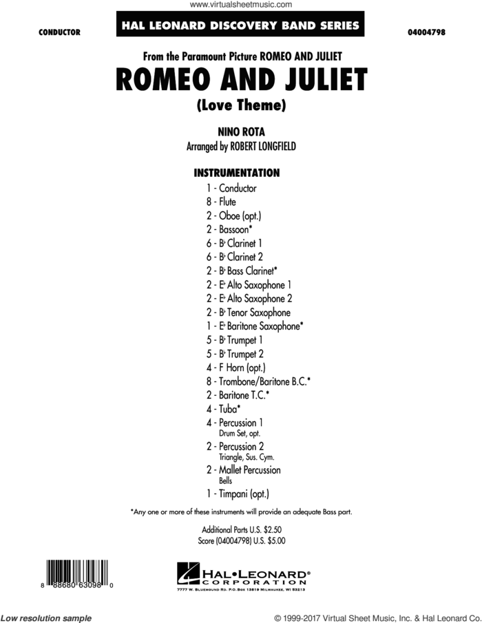 Romeo and Juliet (Love Theme) (COMPLETE) sheet music for concert band by Henry Mancini, Nino Rota and Robert Longfield, intermediate skill level