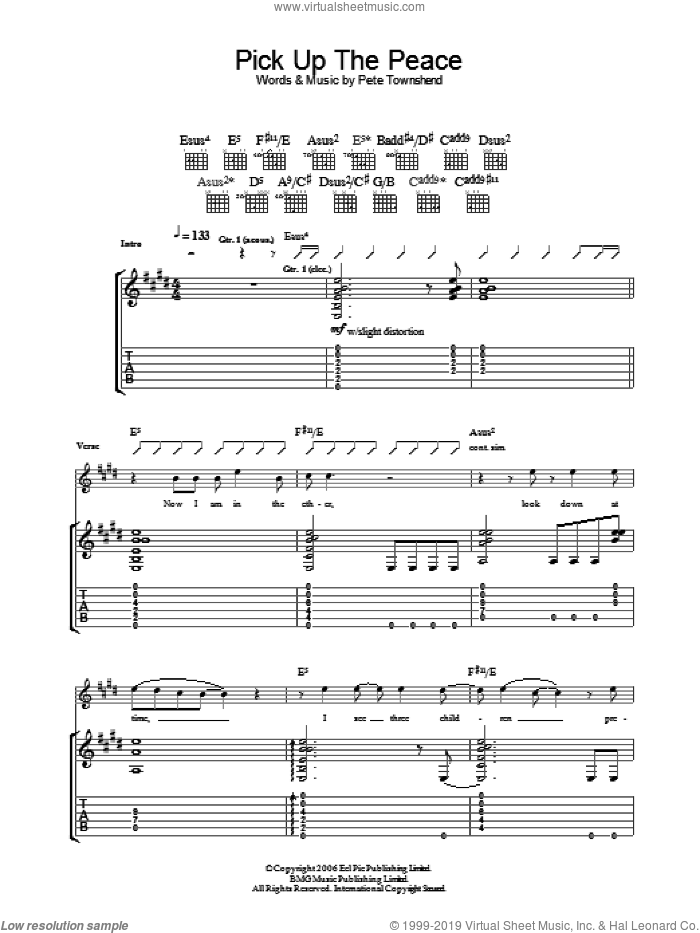Pick Up The Peace sheet music for guitar (tablature) by The Who and Pete Townshend, intermediate skill level