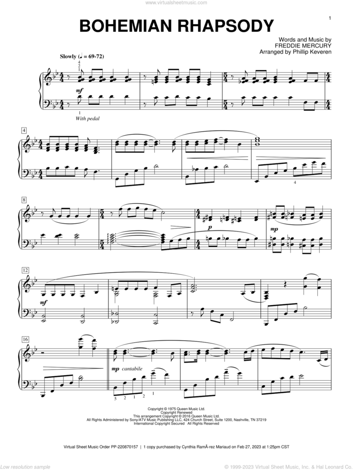 Bohemian Rhapsody [Classical version] (arr. Phillip Keveren) sheet music for piano solo by Freddie Mercury, Phillip Keveren and Queen, intermediate skill level