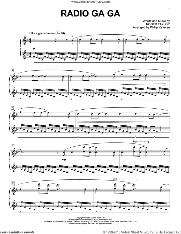 Radio Ga Ga [Classical version] (arr. Phillip Keveren) sheet music for piano solo by Phillip Keveren, Queen and Roger Taylor, intermediate skill level