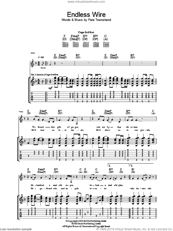 Endless Wire sheet music for guitar (tablature) by The Who and Pete Townshend, intermediate skill level