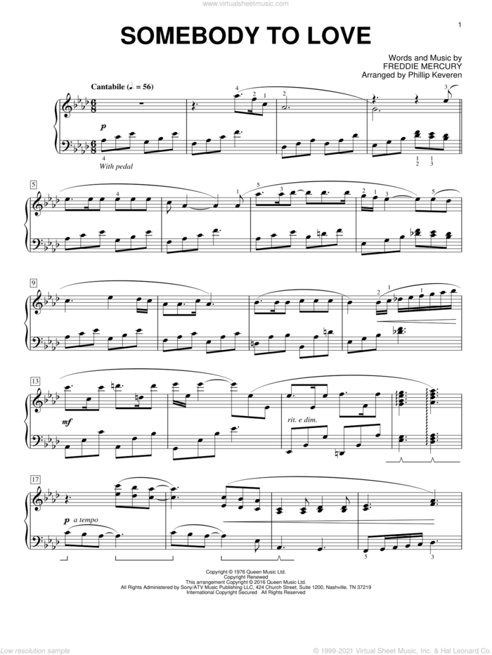 Somebody To Love [Classical version] (arr. Phillip Keveren) sheet music for piano solo by Freddie Mercury, Phillip Keveren and Queen, intermediate skill level