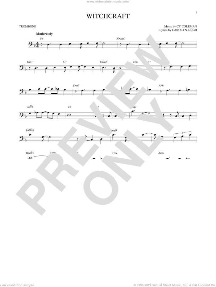 Witchcraft sheet music for trombone solo by Frank Sinatra, Carolyn Leigh and Cy Coleman, intermediate skill level