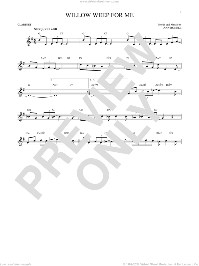 Willow Weep For Me sheet music for clarinet solo by Chad & Jeremy and Ann Ronell, intermediate skill level