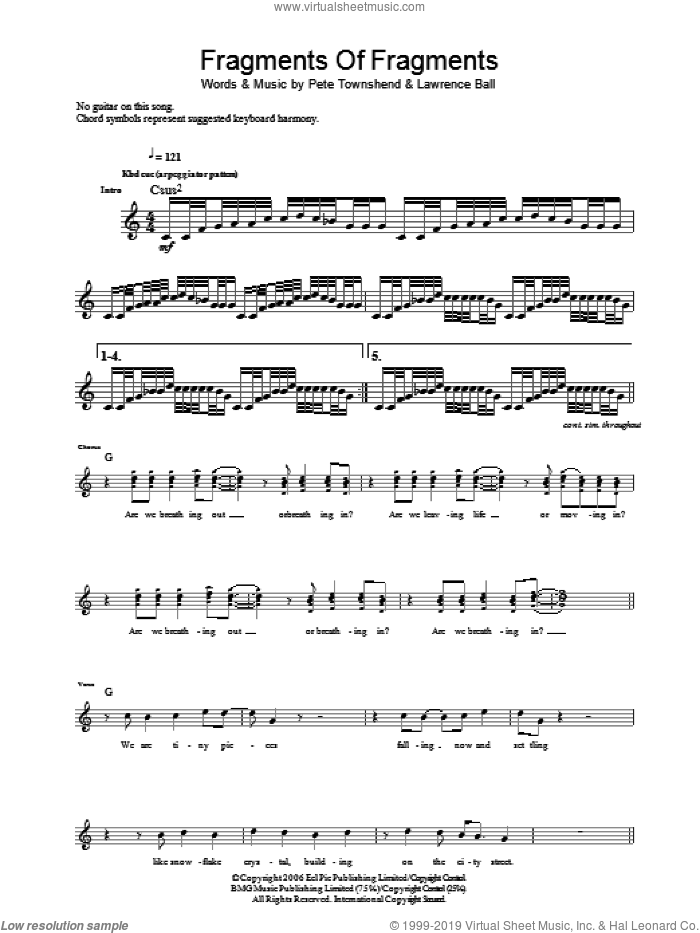 Fragments Of Fragments sheet music for guitar (tablature) by The Who, Lawrence Ball and Pete Townshend, intermediate skill level