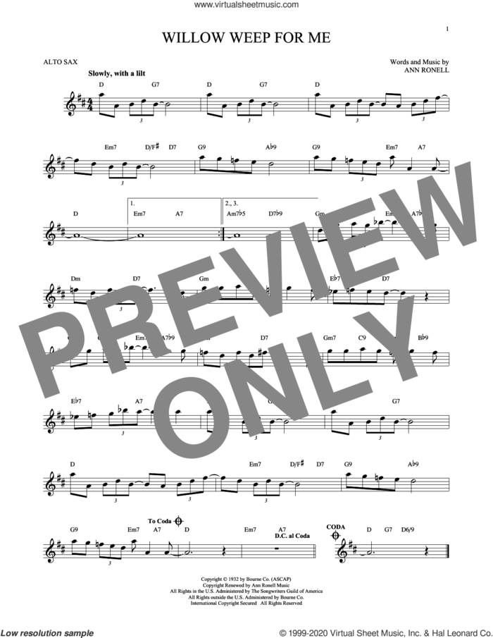 Willow Weep For Me sheet music for alto saxophone solo by Chad & Jeremy and Ann Ronell, intermediate skill level