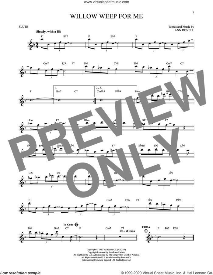 Willow Weep For Me sheet music for flute solo by Chad & Jeremy and Ann Ronell, intermediate skill level