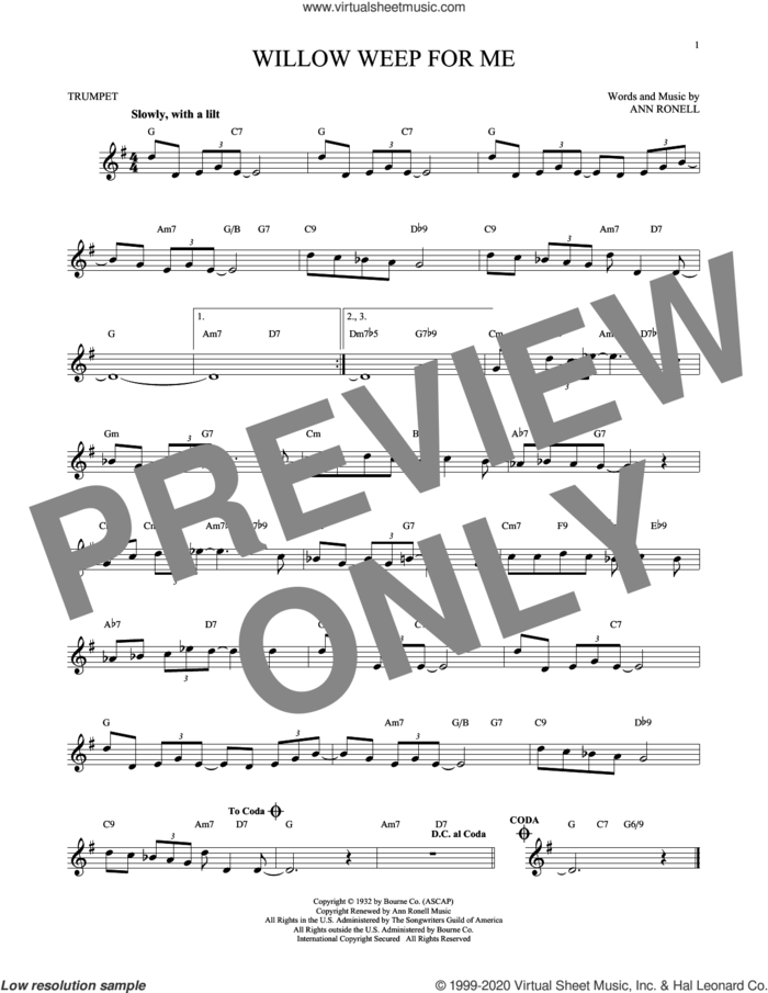 Willow Weep For Me sheet music for trumpet solo by Chad & Jeremy and Ann Ronell, intermediate skill level