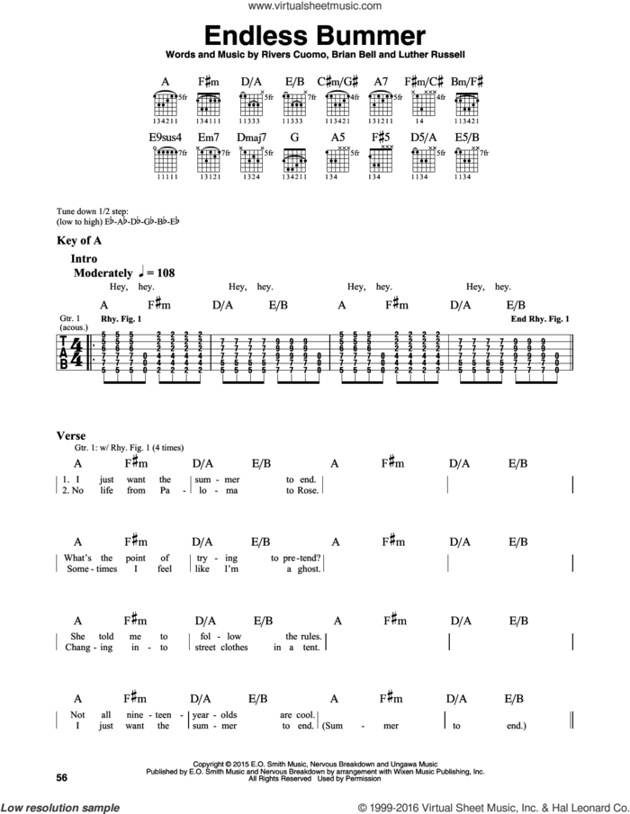 Endless Bummer sheet music for guitar solo (lead sheet) by Weezer, Brian Bell, Luther Russell and Rivers Cuomo, intermediate guitar (lead sheet)