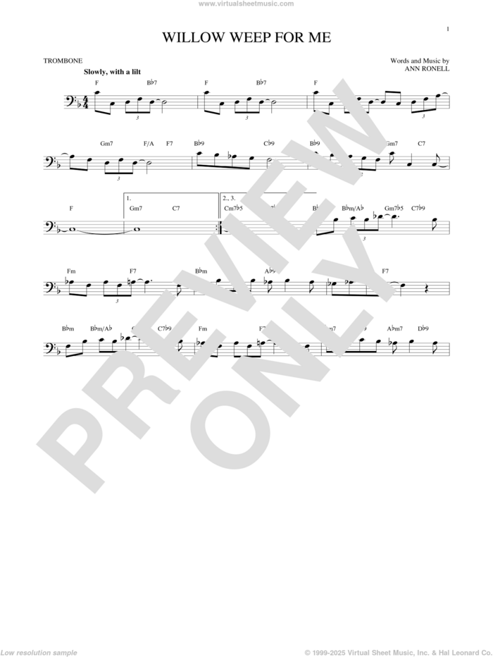 Willow Weep For Me sheet music for trombone solo by Chad & Jeremy and Ann Ronell, intermediate skill level