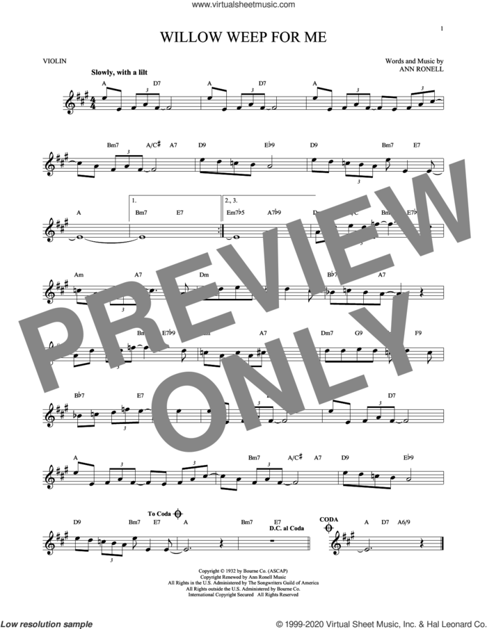 Willow Weep For Me sheet music for violin solo by Chad & Jeremy and Ann Ronell, intermediate skill level