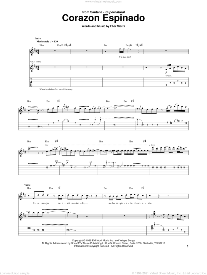 Corazon Espinado sheet music for guitar (tablature) by Carlos Santana and Fher Sierra, intermediate skill level