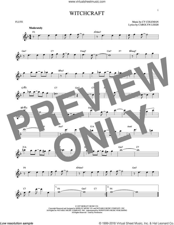 Witchcraft sheet music for flute solo by Frank Sinatra, Carolyn Leigh and Cy Coleman, intermediate skill level