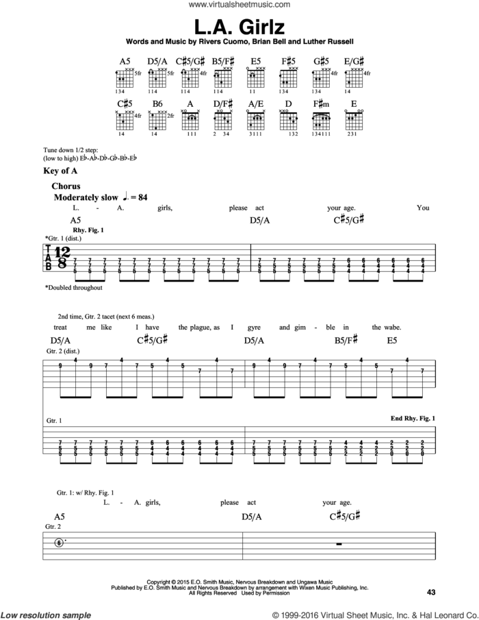 L.A. Girlz sheet music for guitar solo (lead sheet) by Weezer, Brian Bell, Luther Russell and Rivers Cuomo, intermediate guitar (lead sheet)