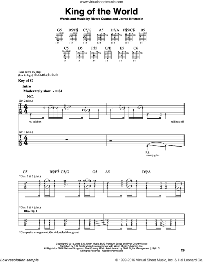 King Of The World sheet music for guitar solo (lead sheet) by Weezer, Jarrad Kritzstein and Rivers Cuomo, intermediate guitar (lead sheet)