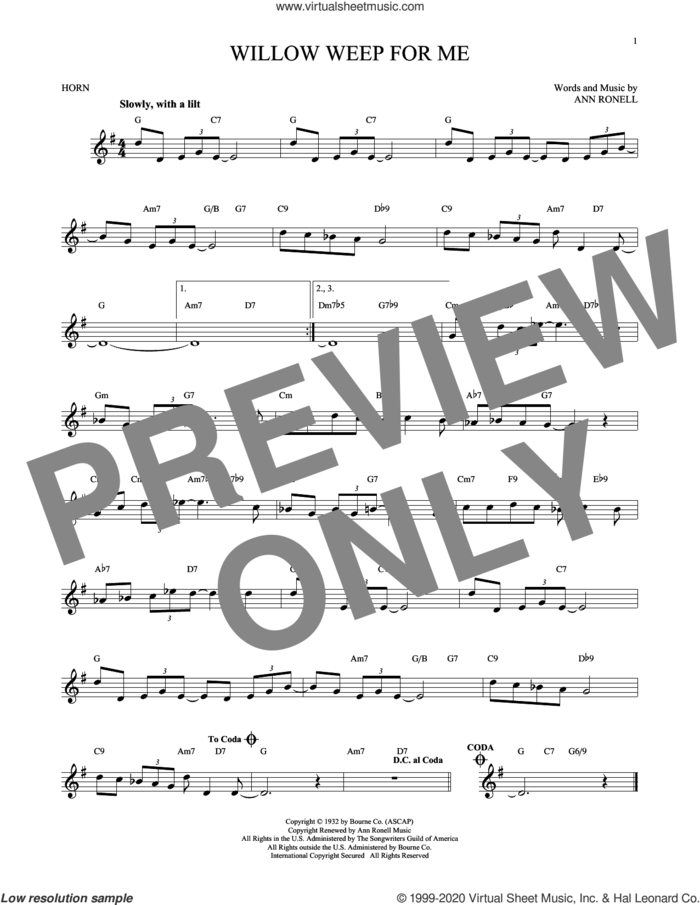 Willow Weep For Me sheet music for horn solo by Chad & Jeremy and Ann Ronell, intermediate skill level