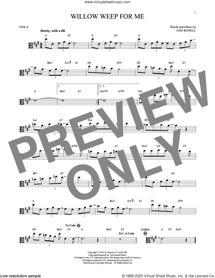 Willow Weep For Me sheet music for viola solo by Chad & Jeremy and Ann Ronell, intermediate skill level