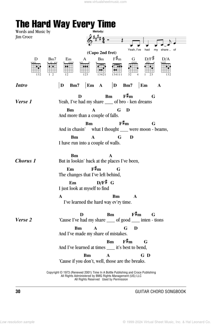 The Hard Way Every Time sheet music for guitar (chords) by Jim Croce, intermediate skill level