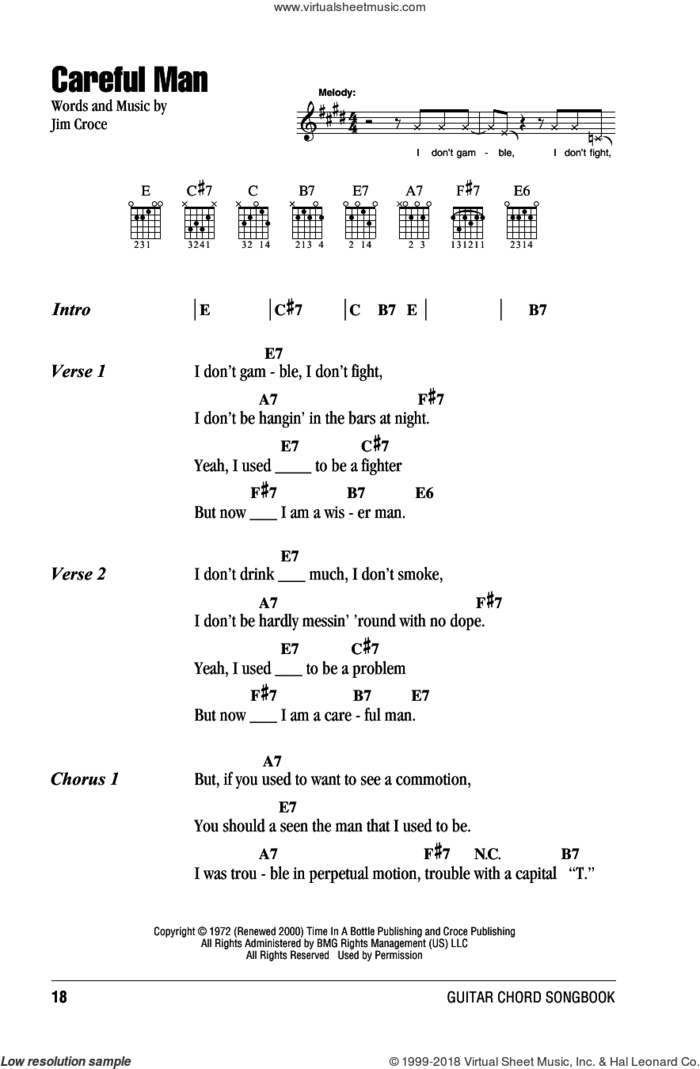 Careful Man sheet music for guitar (chords) by Jim Croce, intermediate skill level