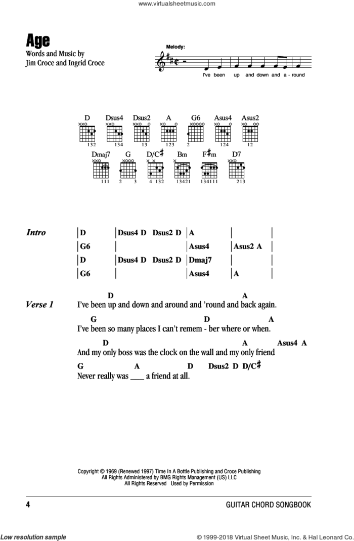 Age sheet music for guitar (chords) by Jim Croce and Ingrid Croce, intermediate skill level