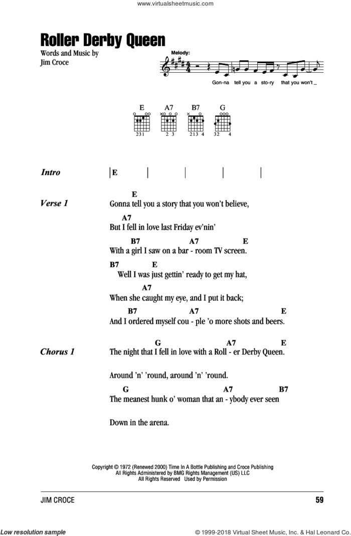 Roller Derby Queen sheet music for guitar (chords) by Jim Croce, intermediate skill level