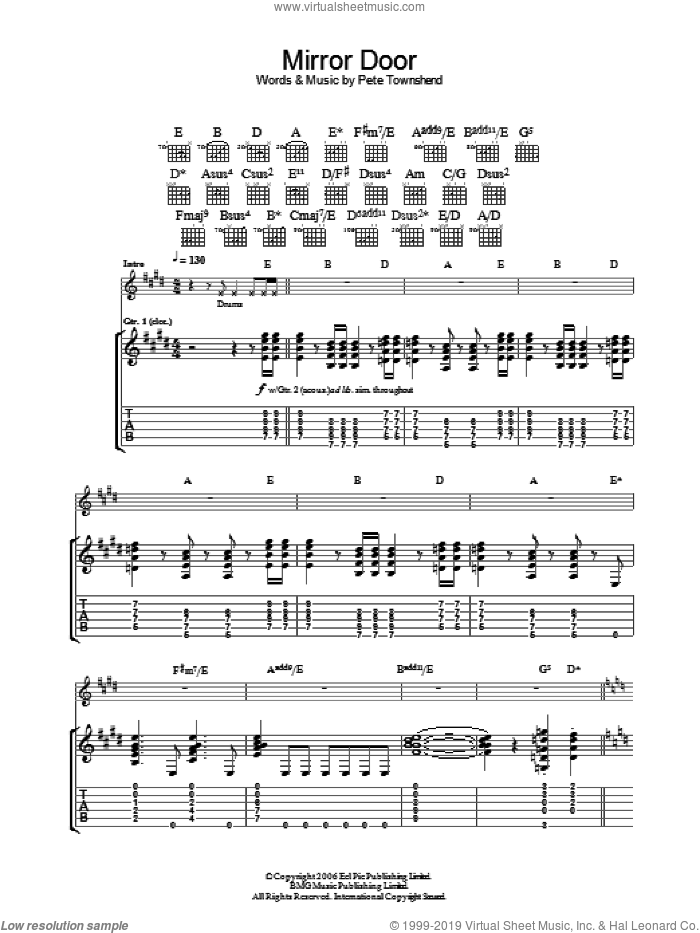 Mirror Door sheet music for guitar (tablature) by The Who and Pete Townshend, intermediate skill level
