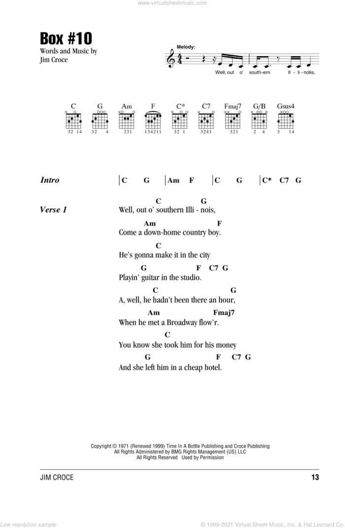 Box #10 sheet music for guitar (chords) by Jim Croce, intermediate skill level