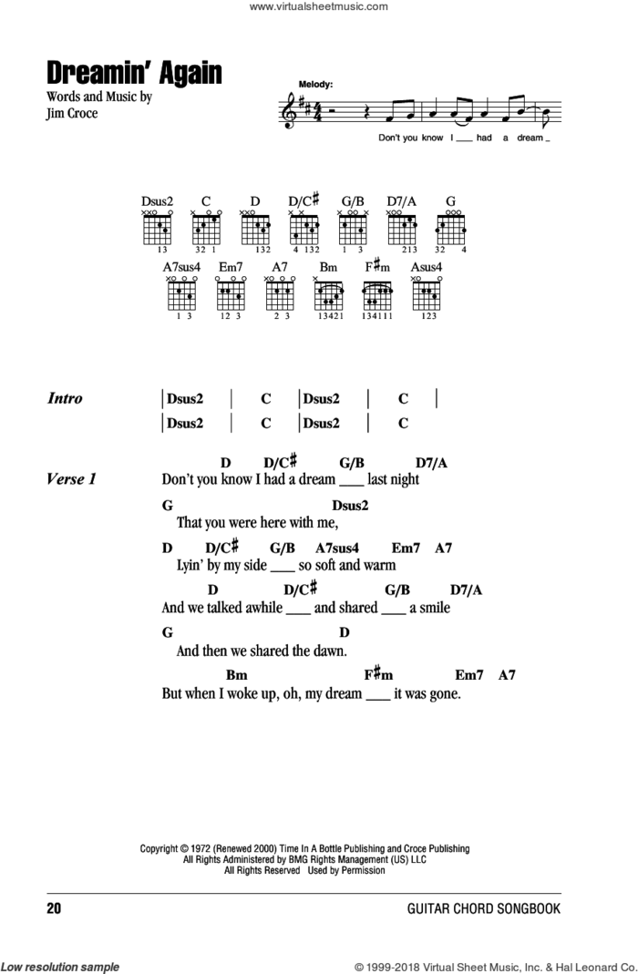 Dreamin' Again sheet music for guitar (chords) by Jim Croce, intermediate skill level