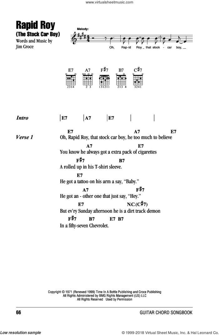 Rapid Roy (The Stock Car Boy) sheet music for guitar (chords) by Jim Croce, intermediate skill level