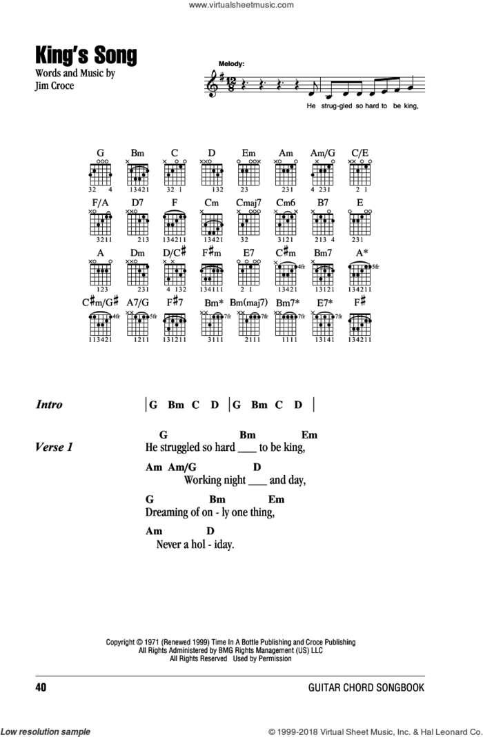 King's Song sheet music for guitar (chords) by Jim Croce, intermediate skill level