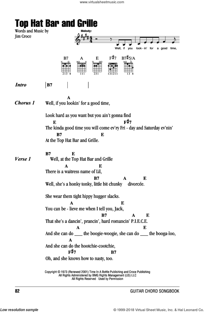 Top Hat Bar And Grille sheet music for guitar (chords) by Jim Croce, intermediate skill level