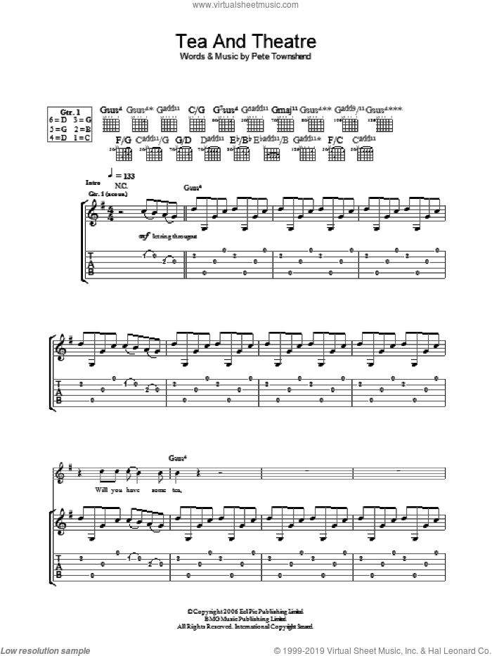Tea And Theatre sheet music for guitar (tablature) by The Who and Pete Townshend, intermediate skill level
