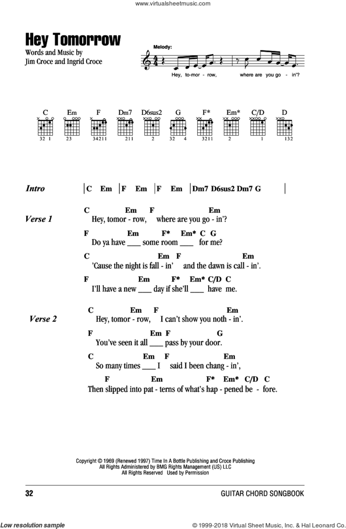 Hey Tomorrow sheet music for guitar (chords) by Jim Croce and Ingrid Croce, intermediate skill level