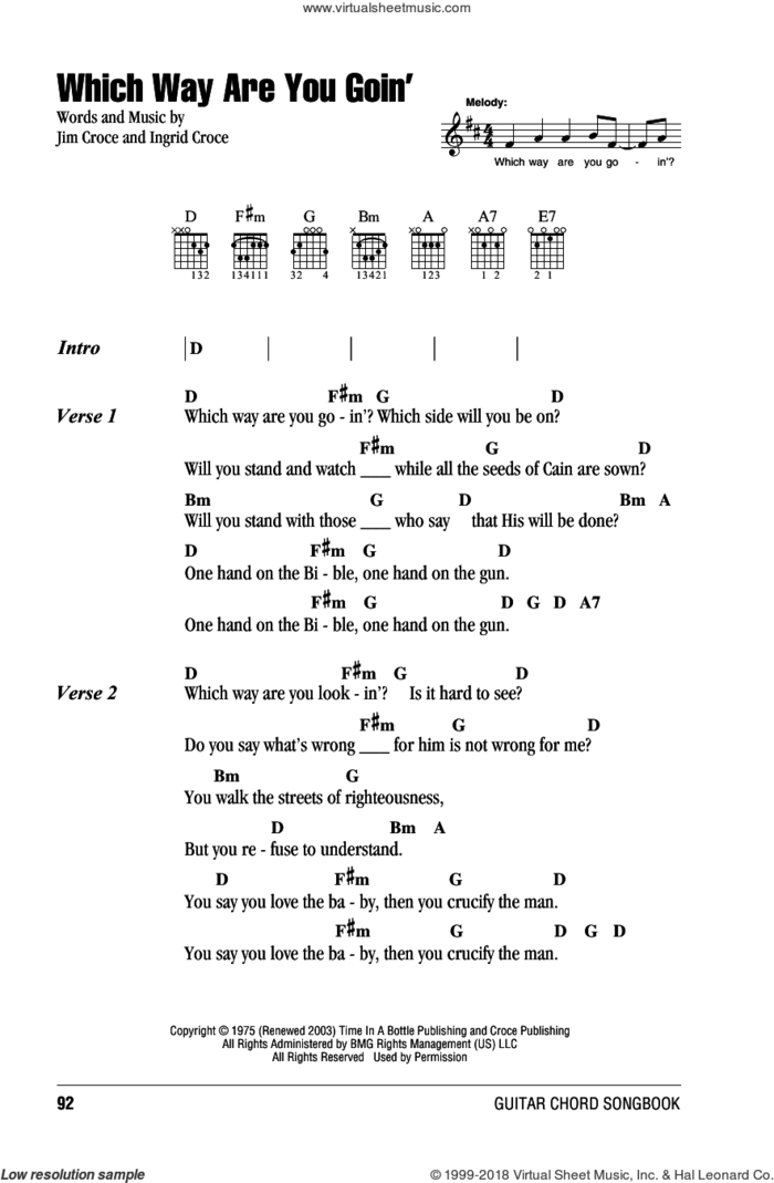 Which Way Are You Goin' sheet music for guitar (chords) by Jim Croce and Ingrid Croce, intermediate skill level